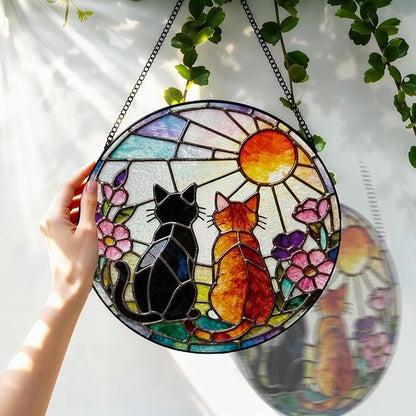 Stained Glass Window Hanging, 8 Inch Black Orange Cat Suncatcher, Sun Catchers Indoor Window, Pet Suncatchers for Windows Hanging, Spring Home Garden Decor Panel, Cat Lover Memorial Gifts for Mom