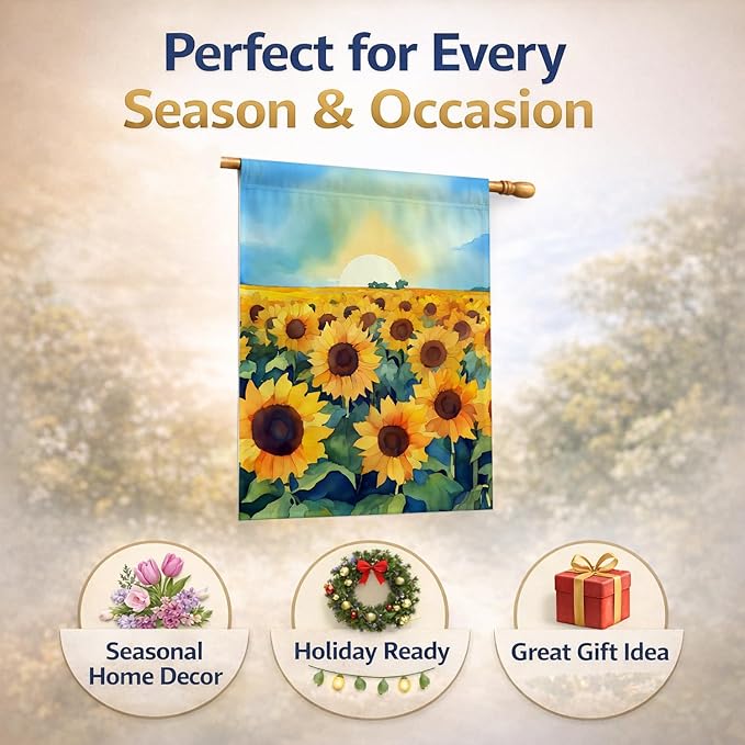 Caroline's Treasures Kansas Sunflowers in Watercolor House Flag Large Porch Sleeve Pole Decorative Outside Yard Banner Artwork Wall Hanging, Polyester, House Size, Multicolor