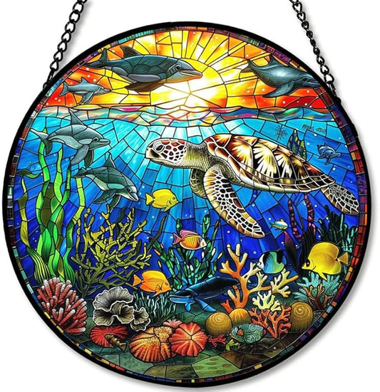 Stained Glass Window Hanging - Rainbow Colored Dragonfly in Floral Frame 7.8in Sun Catchers Indoor Stained Glass Panels Wall Decor for Mom, Wife, Lovers, Festive