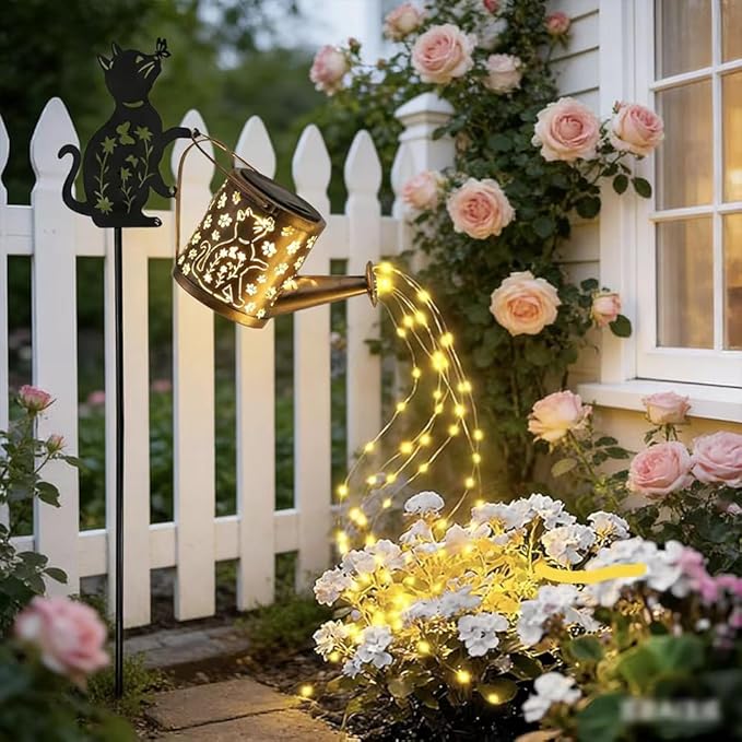 Solar-Powered Cat Watering Can Projection Lights with Metal Cat Statue Silhouette Pillar Garden Feature Light, for Christmas, Mother's Day, Birthday Gifts, Garden, Lawn, Courtyard Decorations.