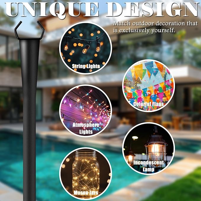 10Ft String Light Poles 6 Pack for Outside, Metal Outdoor Light Poles with 5 Prongs for Garden Patio Backyard Deck, Fence Bracket Hanging Light for Party Wedding Decor