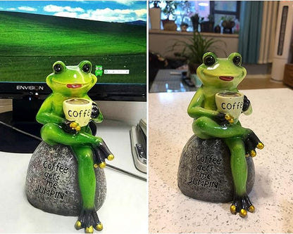 OwMell Frog Statue for Garden, Green Frog Figurine for Outdoor Decor Yard and Garden Decoration Resin Sculpture 6 Inches - Drinking Coffee