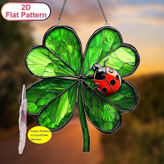 St. Patrick's Day Suncatcher Green Window Hanging with Shamrock Beetle desigsn Cute Stained Glass Suncatchers Full Cover Ireland Windows Decorations ndoor Outdoor for Home Garden Gift for Women Friend