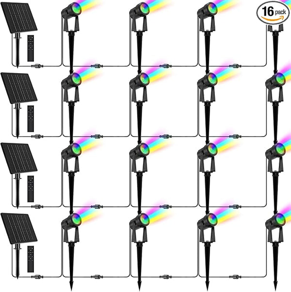 ZYAN Solar Color Changing RGB Spotlights with Remote, Separate Monocrystalline Panels & USB-C Powered, Auto On Off, Outdoor IP65 Waterproof for Patio Yard Path (16 Pack)