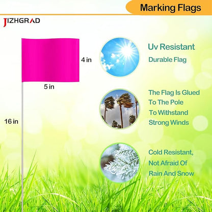 100Pack Pink Marking Flags, JIZHGRAD 16x4x5 Inch Marker Flags Use for Yard & Lawn, Boundary & Dog Training, Survey & Landscape, Sprinkler & Surveyor, Garden & Construction, High Visibility, Sturdy, Versatile, UV & Weather Resistant