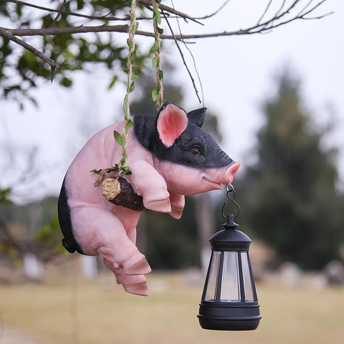 Hanging Pig Garden Lantern, Solar Pig Sculpture Outdoor Resin Garden Decoration, Weather-Resistant Animal Statue for Porch, Patio, and Walkway