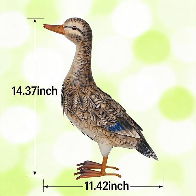 Shorayn Metal Duck Garden Statue, Life-Size Iron Hen Mallard, Handmade Gray Duck Yard Decor, Indoor Outdoor Ornament, Gift for Housewarming/Mother’s Day/Christmas