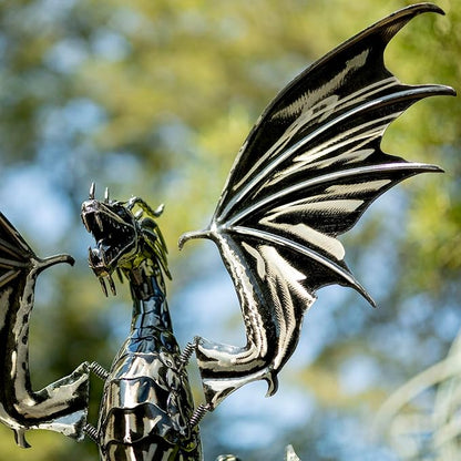 Zaer Ltd. Metal Dragon Rocking Garden Stake, Kinetic Wind Decor, Metallic Black Finish, Moving Wings (Tail Up Sunfyre)