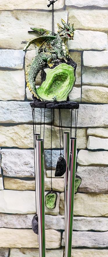Ebros Gift Medieval Green Dragon Guarding Emerald Crystal Geode Rock Figurine Crown Top Resonant Wind Chime with Miniature Geode Rocks Ornaments for Garden Patio Home Fantasy Dungeons and Dragons