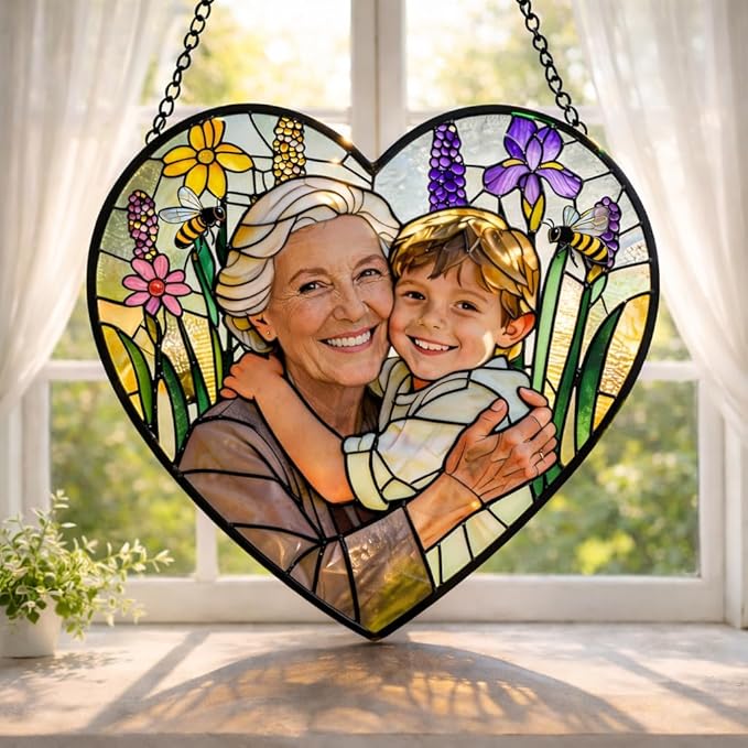 Personalized Grandma Photo Stained Glass Sun Catcher, Customized Family Suncatcher Window Hanging Ornament, Custom Picture Mother's Day Mom Mother in Law, Garden Birthday