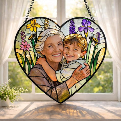 Personalized Grandma Photo Stained Glass Sun Catcher, Customized Family Suncatcher Window Hanging Ornament, Custom Picture Mother's Day Mom Mother in Law, Garden Birthday