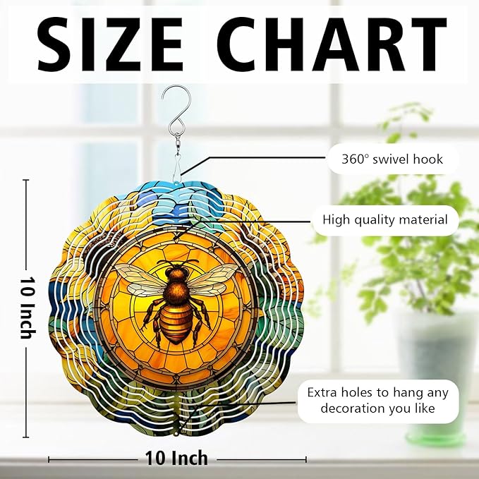 Bee Wind Spinner, Bee Stained Glass Wind Spinner, Wind Sculpture Bee Wind Spinners for Garden Patio Yard Decor