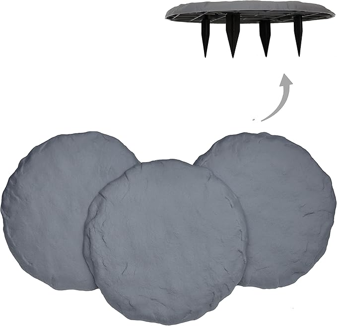 Ei Circular 15.5” Stepping Stones with Ground Stakes - Home or Garden Step Stones for Outdoor Walkway or Pathway Pavers - Resin Material (4, Light Grey Stone)