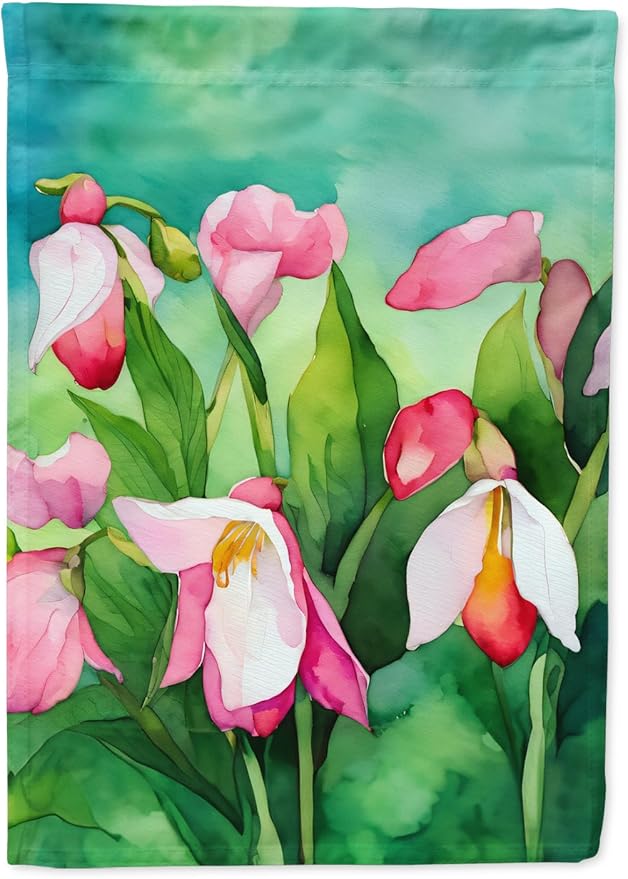 Caroline's Treasures Minnesota Pink and White Lady�s Slippers in Watercolor House Flag Large Porch Sleeve Pole Decorative Outside Yard Banner Artwork Wall Hanging, Polyester, House Size, Multicolor