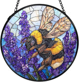 Bee Lavender Flower Suncatchers Stained Glass Window Hanging, Bumblebee Flower Sun Catchers Indoor Window Glass Round Wall Decor, Bee Floral Wall Hanging Decorations, 7.9x7.9in