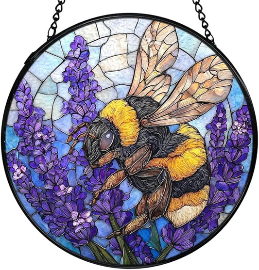 Bee Lavender Flower Suncatchers Stained Glass Window Hanging, Bumblebee Flower Sun Catchers Indoor Window Glass Round Wall Decor, Bee Floral Wall Hanging Decorations, 7.9x7.9in