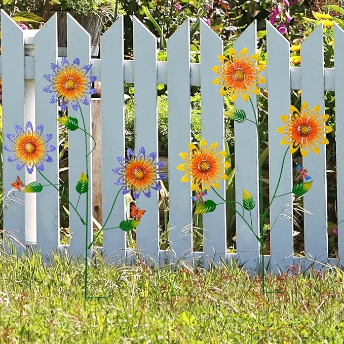 Garden Decor for Outside,2 Pack Metal Yard Art Sunflower Decorative Garden Stakes with Butterfly & Dragonfly for Spring Outdoor Lawn Backyard Porch Patio Decor