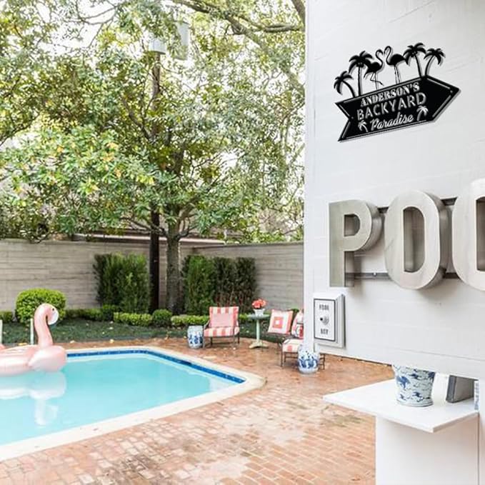 MeMate Personalized Outdoor Sign - Flamingo House Metal Sign for Porch Deck Backyard Patio Pool, Housewarming Gift