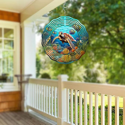 3D Sea Turtle Wind Spinner 10 Inch Ocean Theme Metal Art Stainless Steel Kinetic Art Hanging Spinner for Indoor and Outdoor Garden Decoration
