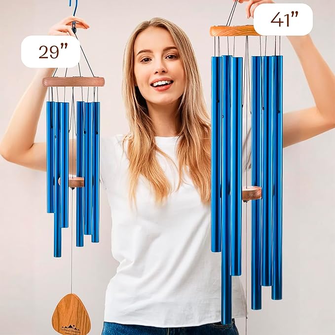 UpBlend XL Wind Chimes for Outside Gift – Deep Tone Wind Chime with Decorative Stone – Garden and Patio Décor for Porch or Yard, Elegant Outdoor Ornament, Meaningful Gift for Neighbors. 41” Blue.