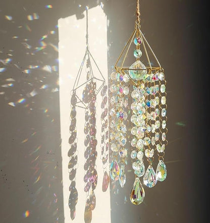 Crystal Sun Catcher Hanging Suncatchers Crystal Prisms Wind Chime Room Decor for Garden Home Windows Decoration (Colorful Gold)