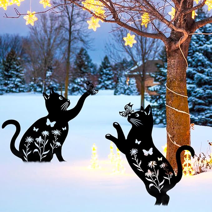 Cat Garden Decor for Outside, 2 Pack Metal Decorative Garden Stakes, Gift for Cat Lovers, Black Silhouette Statues Animal Stakes Decorations for Yard Art, Patio, Outdoor Decor, Lawn Ornaments