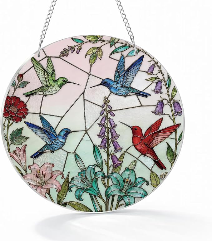 Birds Window Hanging Suncatcher, Decorative Suncatchers Window Wall Art, Wildflower Hummingbird Sun-Catchers for Windows Doors Home Decoration, Housewarming, Festival, Birthday Gift for Women