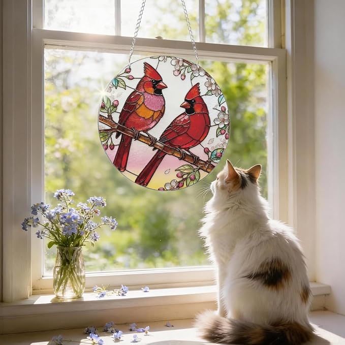 2 Cardinals Acrylic Suncatcher, Red Birds Suncatcher Wall Art, Hand-Painted Sun Catcher Garden Hangings, Decorative Hanging Suncatchers for Window Door Decoration, Memorial Gift