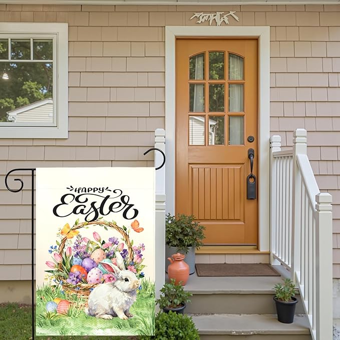 Happy Easter Garden Flag with Bunny Basket Spring Tulips Wildflowers Eggs Cute Rabbit Yard Flags Double Sided Welcome Spring Easter Houde Banner for Porch Lawn Patio Holiday Décor 12 x 18 In
