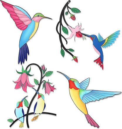 Seenelling 4 Pack Metal Hummingbird Wall Art Decor 3D Colorful Birds Outdoor Fence Decorations for Patio and Yard, Wall Sculpture Hanging Decor for Garden Living Room Balcony, Home Gift