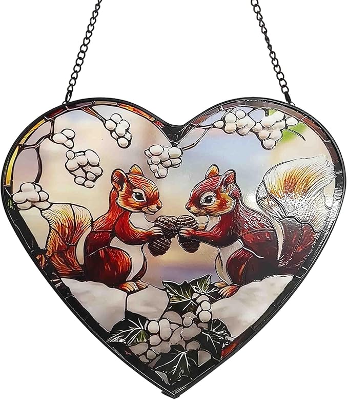 Squirrel Stained Glass Window Hanging, Suncatcher Glass Panel with Metal Chain, Heart Sun Catchers Indoor Window Decor for Home Garden, Housewarming Gift