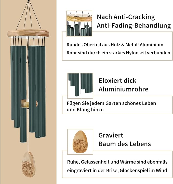 Astarin Windchimes Outdoors with Engraved Lifetree，30 Inch Memorial Wind Chime for Outside，Sympathy Wind Chime for Loved One,Outdoor Wind Chimes for Mother,Green Wind Chimes.