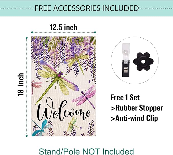 Baccessor Spring Summer Flower Garden Flag Wisteria Dragonfly Floral Welcome Small Yard Flag Burlap Double Sided Vertical Seasonal Farmhouse Wedding Outside Outdoor Decoration 12.5x18 Inch