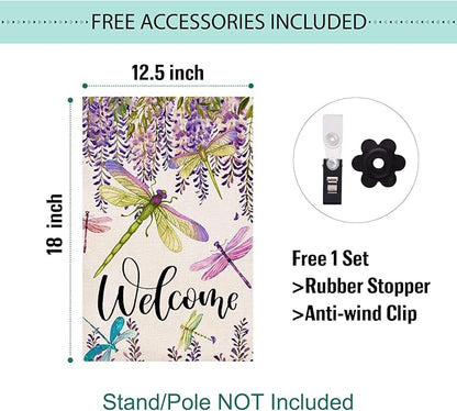 Baccessor Spring Summer Flower Garden Flag Wisteria Dragonfly Floral Welcome Small Yard Flag Burlap Double Sided Vertical Seasonal Farmhouse Wedding Outside Outdoor Decoration 12.5x18 Inch