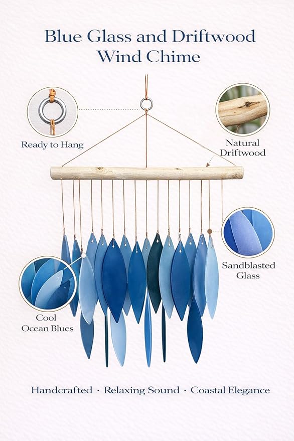 Blue & White Glass Wind Chime, Large 20″ – Recycled Glass & Driftwood Coastal Hanging Chime for Porch, Patio & Home