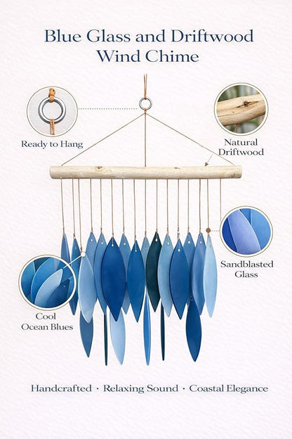 Blue & White Glass Wind Chime, Large 20″ – Recycled Glass & Driftwood Coastal Hanging Chime for Porch, Patio & Home
