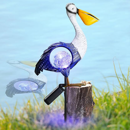 VIHOSE Solar Metal Pelican Statues Pelican Garden Sculpture Pelican Lawn Ornaments with Crackle Glass Ball Lawn Decorations Outdoor for Garden Landscape Outside Flower Bed Patio Yard Backyard Porch