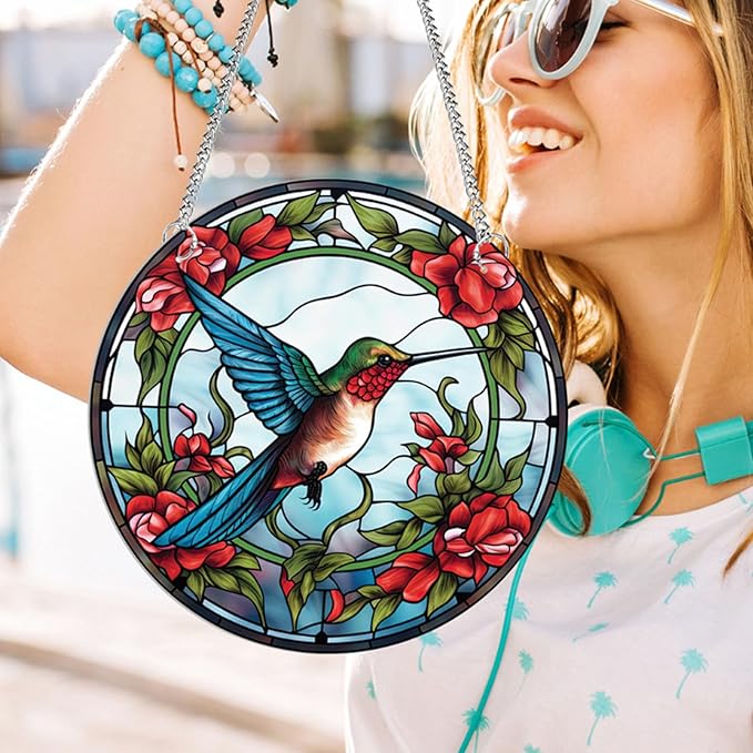 7.9'' Acrylic Window Suncatcher Decor,Stained Panel Hangings Decorative Acrylic Wall Decor Colorful Ornament Window Hangings for Outdoor Indoor Decor(Hummingbird-Blue)