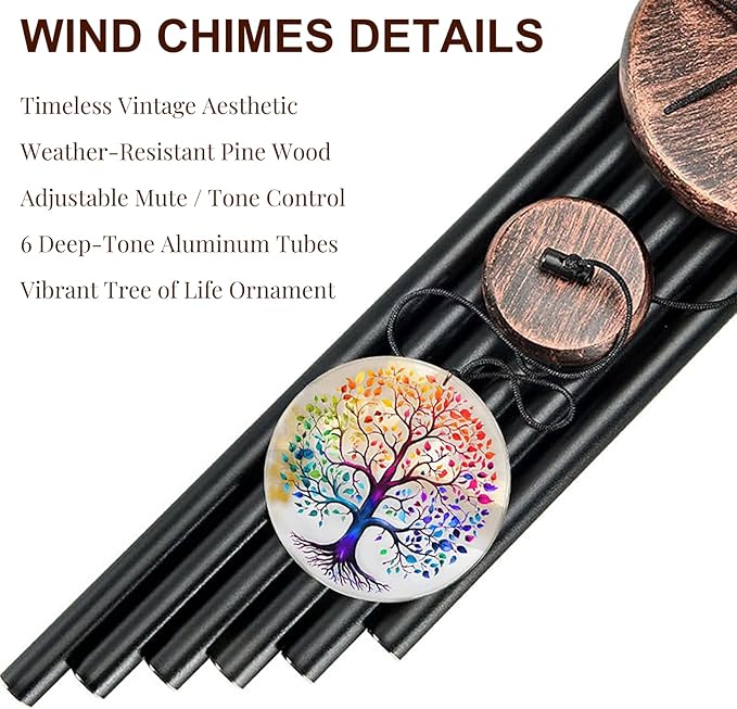 Tree of Life Wind Chimes for Outside, Deep Tone Outdoor Wind Chime with Colorful Wind Catcher, 6 Aluminum Tubes, Garden Porch Patio Decor, Memorial & Birthday Gift (34" Tree of Life)