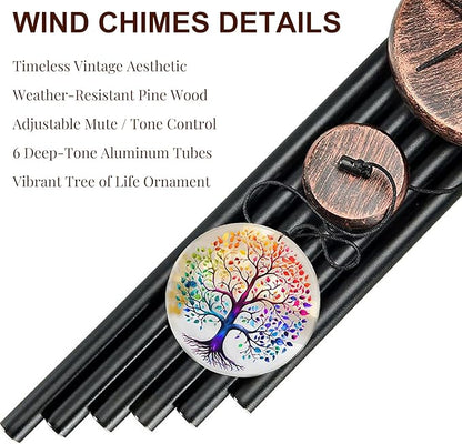 Tree of Life Wind Chimes for Outside, Deep Tone Outdoor Wind Chime with Colorful Wind Catcher, 6 Aluminum Tubes, Garden Porch Patio Decor, Memorial & Birthday Gift (34" Tree of Life)