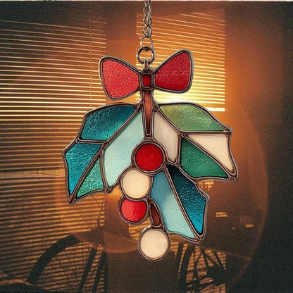 Mistle Toe Mosaic Style Acrylic Suncatcher Stained Glass Effect Window Car Hanging Christmas Ornament Indoor Outdoor Decor Garden Sun Catcher Panel for Women Mom Grandma