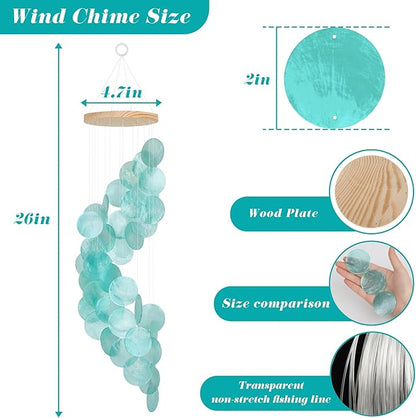 Seashell Wind Chimes for Outside - Handcrafted Turquoise Spiral Shape Capiz Shells Windchime Coastal Style Decor for Indoor/Outdoors, Garden & Beach Hanging Decor for Wind Chimes Lovers and More