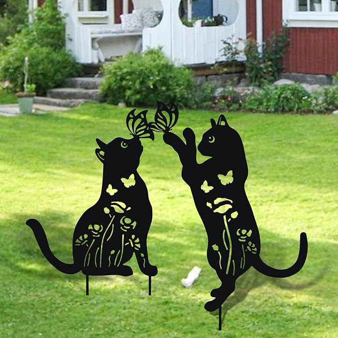 WONDER GARDEN Metal Cat Decor for Outside - 2 Pack Garden Stakes Decorative, Black Cat Silhouette Statues Lawn Ornaments Yard Art Patio Decor Women Men Mom Gifts
