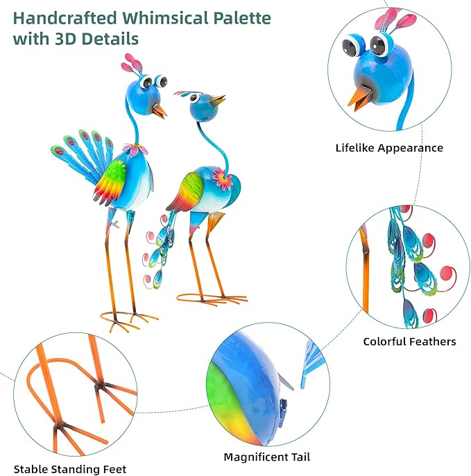 22.5" Metal Peacock Garden Statues Set of 2, Whimsical Hand-Painted Cartoon Birds, Blue & Rainbow Yard Art for Patio Lawn, Indoor Shelf Decor, Unique Gift for Women