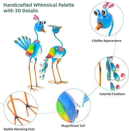 22.5" Metal Peacock Garden Statues Set of 2, Whimsical Hand-Painted Cartoon Birds, Blue & Rainbow Yard Art for Patio Lawn, Indoor Shelf Decor, Unique Gift for Women