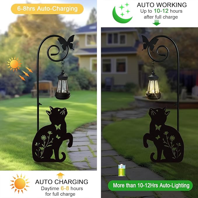 Metal Cat Stake with Solar Lights Outdoor Decorative,Black Cats Lawn Ornaments,Womens Gifts Unique,Garden Silhouette Animal Decor (Cat)