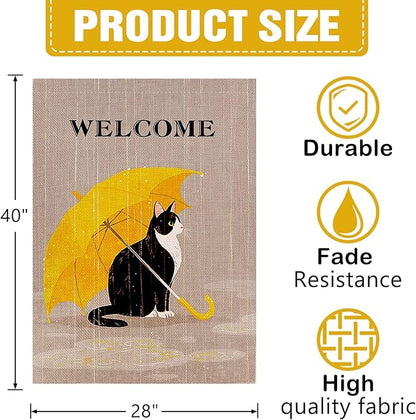Dyrenson Welcome Spring Summer Tuxedo Cat 28 x 40 House Flag Double Sided, Pet Yellow Umbrella Garden Yard Decorations Cat Lover Gifts, Seasonal Burlap Outdoor Decor Decorative Large Flag