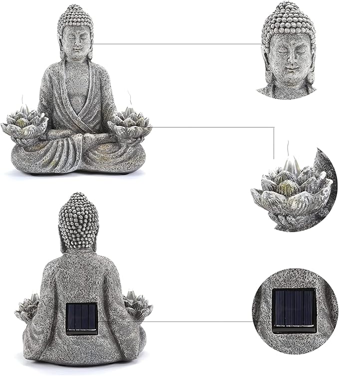 IVCOOLE Buddha Statue Zen Sculpture 11.4in Yoga Garden Decor with LED Solar Lotus Lights, Sitting Meditating Buddha Serene Resin Figurine for Patio Yard Lawn Ornaments,Inside or Outside