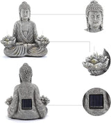 IVCOOLE Buddha Statue Zen Sculpture 11.4in Yoga Garden Decor with LED Solar Lotus Lights, Sitting Meditating Buddha Serene Resin Figurine for Patio Yard Lawn Ornaments,Inside or Outside