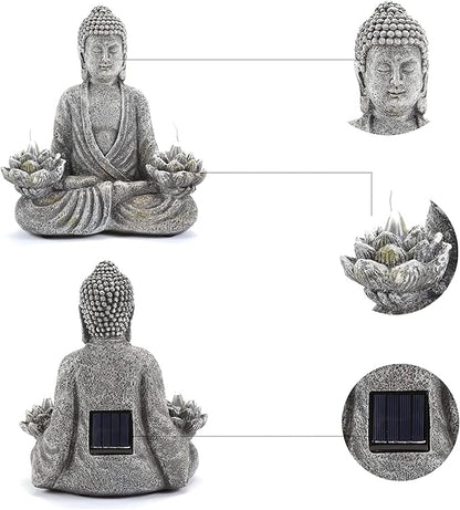 IVCOOLE Buddha Statue Zen Sculpture 11.4in Yoga Garden Decor with LED Solar Lotus Lights, Sitting Meditating Buddha Serene Resin Figurine for Patio Yard Lawn Ornaments,Inside or Outside